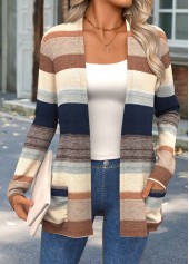 Striped Curved Hem Multi Color Long Sleeve Knit Cardigan
