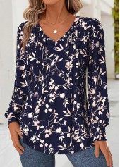 Floral Print Tummy Coverage Navy Long Sleeve T Shirt