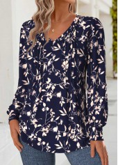 Floral Print Tummy Coverage Navy Long Sleeve T Shirt