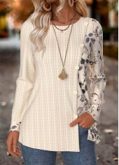 Leaf Print Tummy Coverage Beige Long Sleeve T Shirt