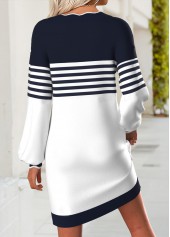 Striped Navy Short Long Sleeve V Neck Dress