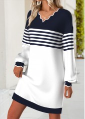 Striped Navy Short Long Sleeve V Neck Dress