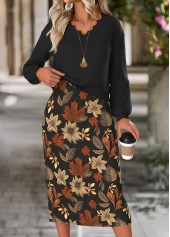 Floral Print Tummy Coverage Black Dress and Cover Up