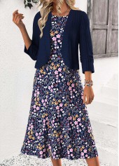 Leaf Print Tummy Coverage Navy Dress and Cardigan