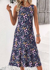 Leaf Print Tummy Coverage Navy Dress and Cardigan