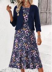 Leaf Print Tummy Coverage Navy Dress and Cardigan