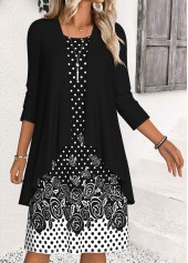 Polka Dot Tummy Coverage Black Dress and Cardigan
