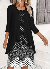 Polka Dot Tummy Coverage Black Dress and Cardigan