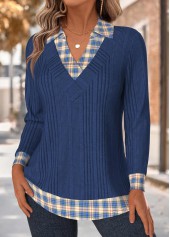 Plaid Tummy Coverage Navy Long Sleeve T Shirt