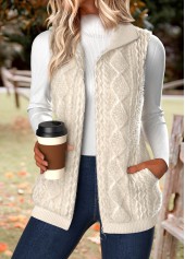 Double Side Pockets Beige Sleeveless Stand Collar Waistcoat