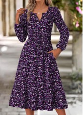 Ditsy Floral Print Double Side Pockets Purple Dress