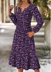 Ditsy Floral Print Double Side Pockets Purple Dress