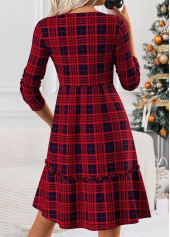 Plaid Tummy Coverage Wine Red Long Sleeve Dress