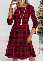 Plaid Tummy Coverage Wine Red Long Sleeve Dress