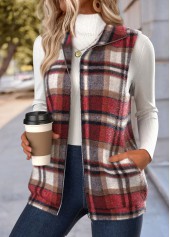 Plaid Double Side Pockets Red Sleeveless Stand Collar Waistcoat