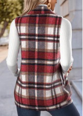 Plaid Double Side Pockets Red Sleeveless Stand Collar Waistcoat