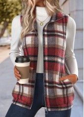 Plaid Double Side Pockets Red Sleeveless Stand Collar Waistcoat