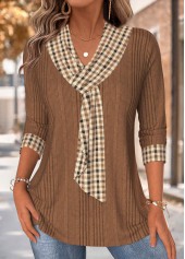 Plaid Tummy Coverage Dark Coffee 3/4 Sleeve T Shirt