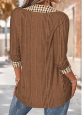 Plaid Tummy Coverage Dark Coffee 3/4 Sleeve T Shirt