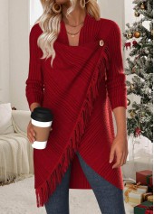 Tummy Coverage Wine Red Long Sleeve Draped Neck Coat