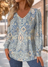 Tribal Print Tuck Stitch Blue Long Sleeve T Shirt