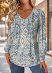 Tribal Print Tuck Stitch Blue Long Sleeve T Shirt