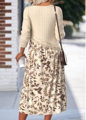 Leaf Print Tummy Coverage Beige Long Sleeve Dress