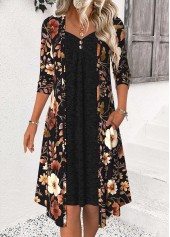 Floral Print Tummy Coverage Black Long Sleeve Dress