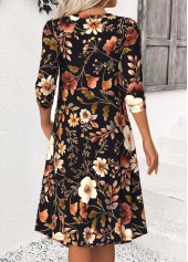 Floral Print Tummy Coverage Black Long Sleeve Dress