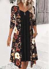 Floral Print Tummy Coverage Black Long Sleeve Dress