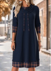 Plaid Tummy Coverage Navy Long Sleeve Cowl Neck Dress