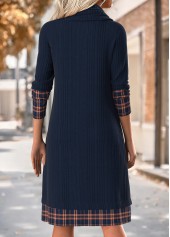 Plaid Tummy Coverage Navy Long Sleeve Cowl Neck Dress
