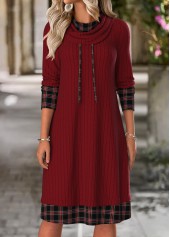 Plaid Tummy Coverage Wine Red Long Sleeve Dress
