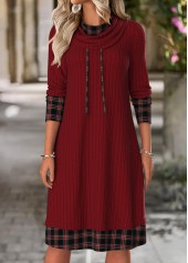 Plaid Tummy Coverage Wine Red Long Sleeve Dress