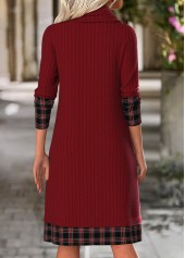 Plaid Tummy Coverage Wine Red Long Sleeve Dress