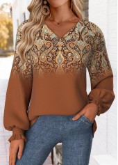 Tribal Print Curved Hem Dark Coffee Long Sleeve Sweatshirt