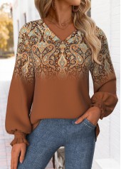Tribal Print Curved Hem Dark Coffee Long Sleeve Sweatshirt