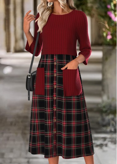 Plaid Tummy Coverage Wine Red Long Sleeve Dress