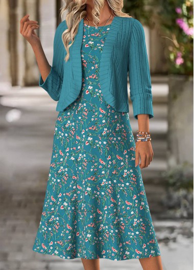 Ditsy Floral Print Tummy Coverage Dress and Cardigan