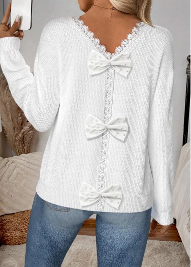 Patchwork White Long Sleeve V Neck Sweater