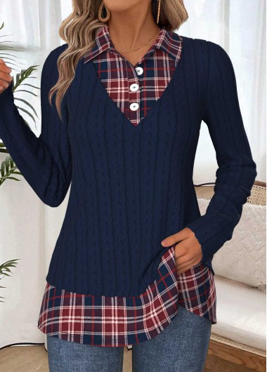 Plaid Tummy Coverage Navy Fake Two Piece Twinset Plaid Tummy Coverage Navy Fake Two Piece Twinset