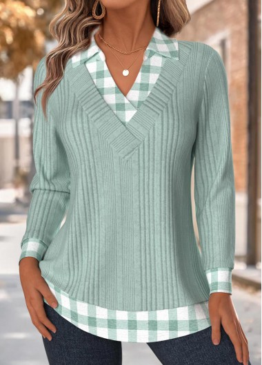 Plaid Tummy Coverage Light Green Long Sleeve T Shirt Plaid Tummy Coverage Light Green Long Sleeve T Shirt
