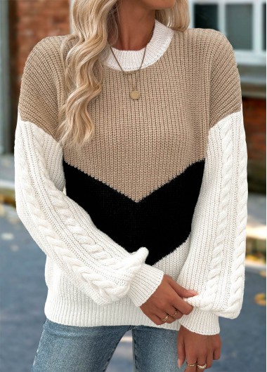 Tummy Coverage Light Camel Long Sleeve Round Neck Sweater