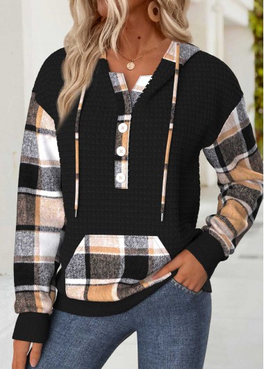 Plaid Tummy Coverage Black Long Sleeve Hoodie Plaid Tummy Coverage Black Long Sleeve Hoodie