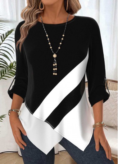 Geometric Print Tummy Coverage Black Long Sleeve Blouse Geometric Print Tummy Coverage Black Long Sleeve Blouse
