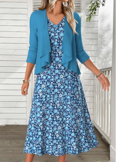 Ditsy Floral Print Tummy Coverage Dress and Cardigan