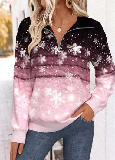 Snowflake Print Tummy Coverage Pink Long Sleeve Sweatshirt
