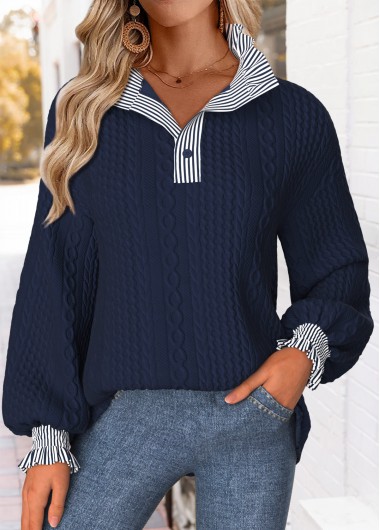 Striped Curved Hem Navy Long Sleeve Stand Collar Sweatshirt