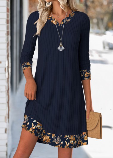 Leaf Print Tummy Coverage Navy Short Long Sleeve Dress Leaf Print Tummy Coverage Navy Short Long Sleeve Dress