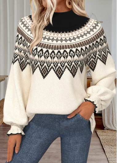 Fair Isle Print Tummy Coverage Beige Long Sleeve Sweater